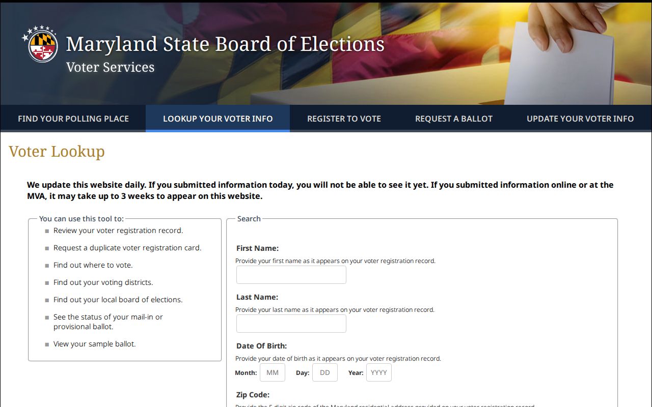 Reisterstown voter registration records lookup form from Maryland elections